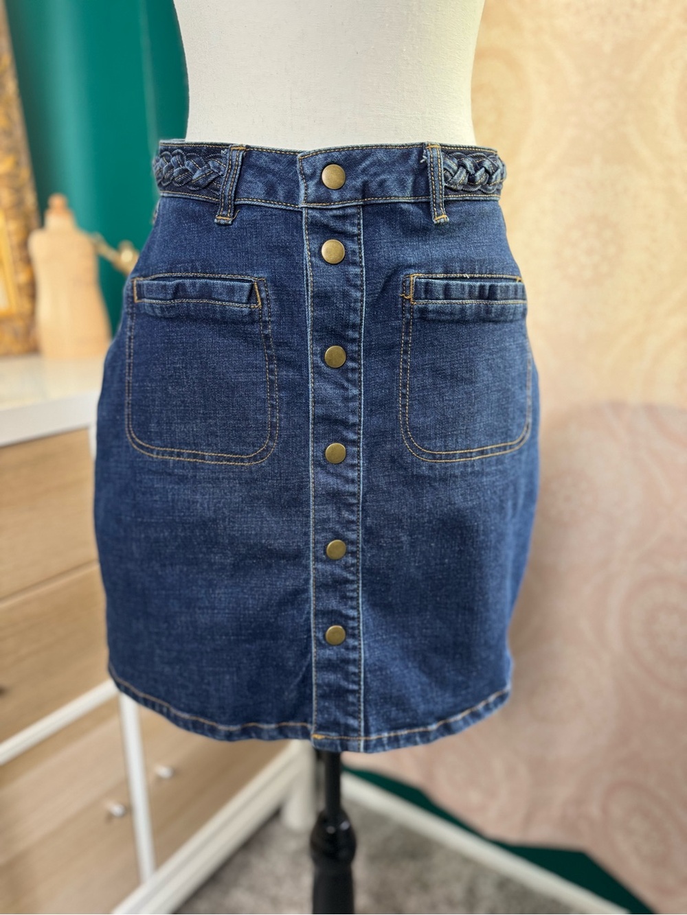 Harper by Francesca’s Classic Dark Blue Denim Button-Front Skirt